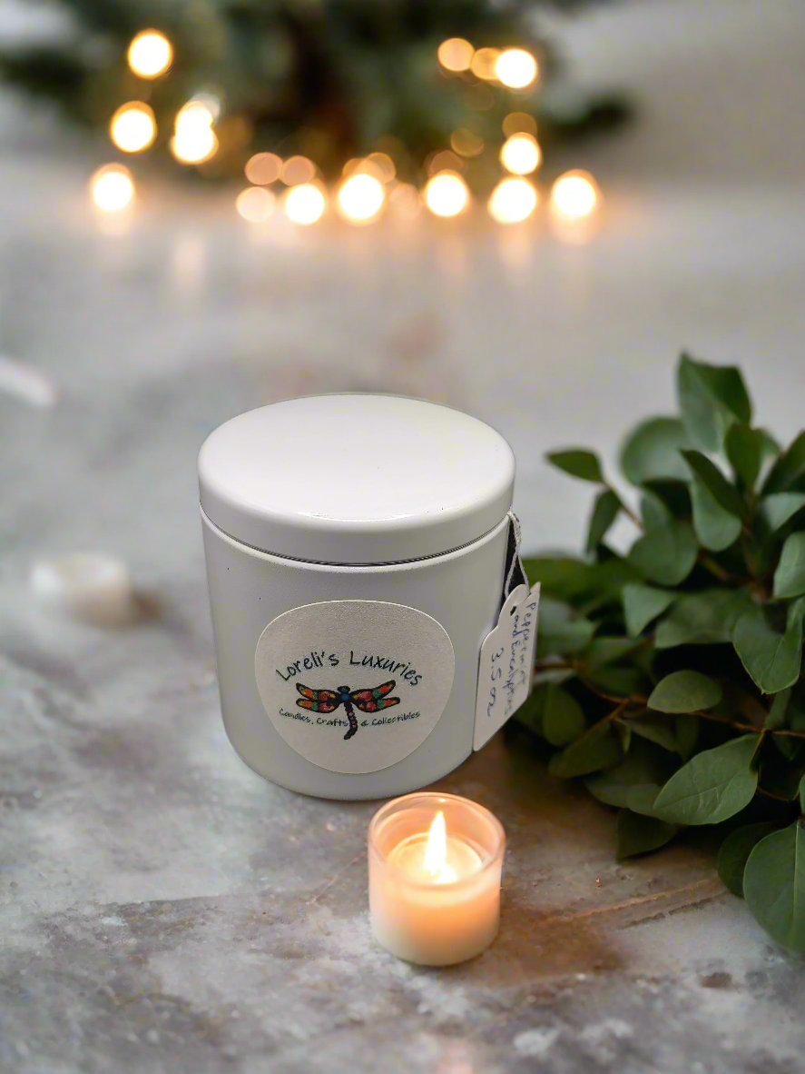 Peppermint and Eucalyptus in Mini White Tin (3.5oz)