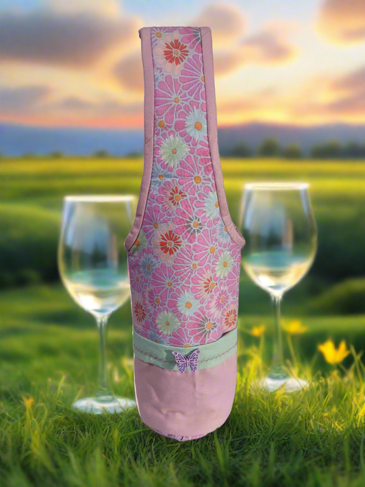 Pink Flowers Wine Cozy with Pink Butterfly Button