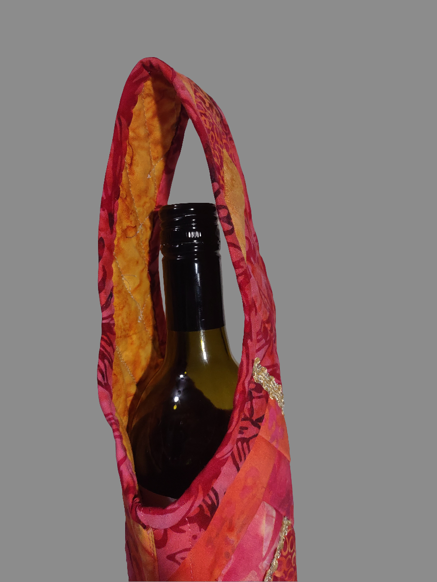 Quilted Orange Wine Cozy with Gold Braid Trim