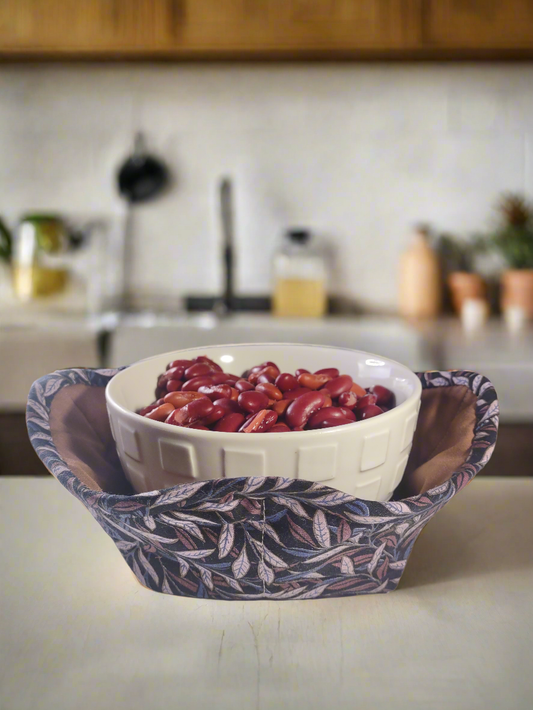 Brown and Blue Leaves Bowl Cozy with brown lining (Medium)