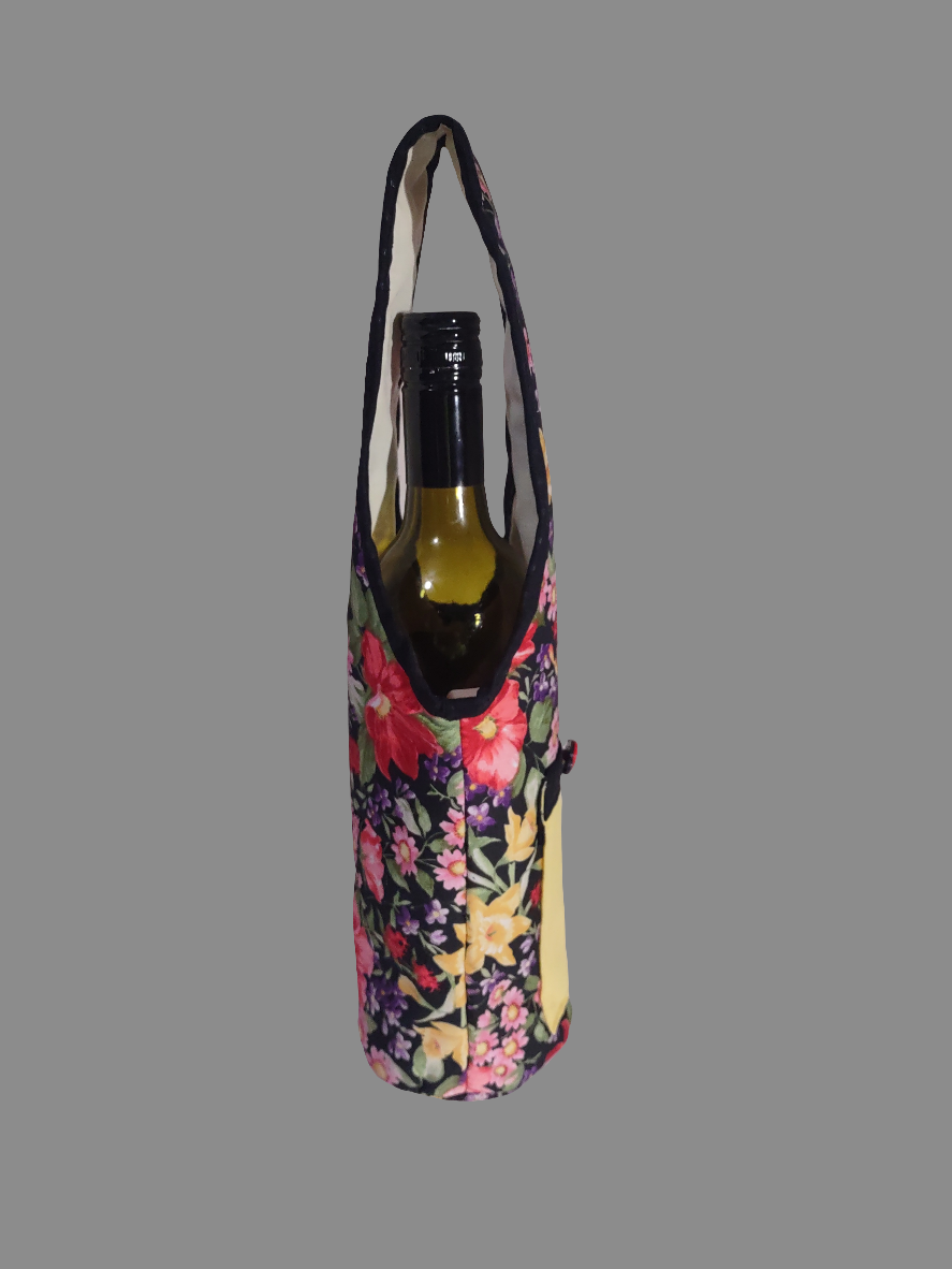 Flowers Wine Cozy with pocket and ladybug button