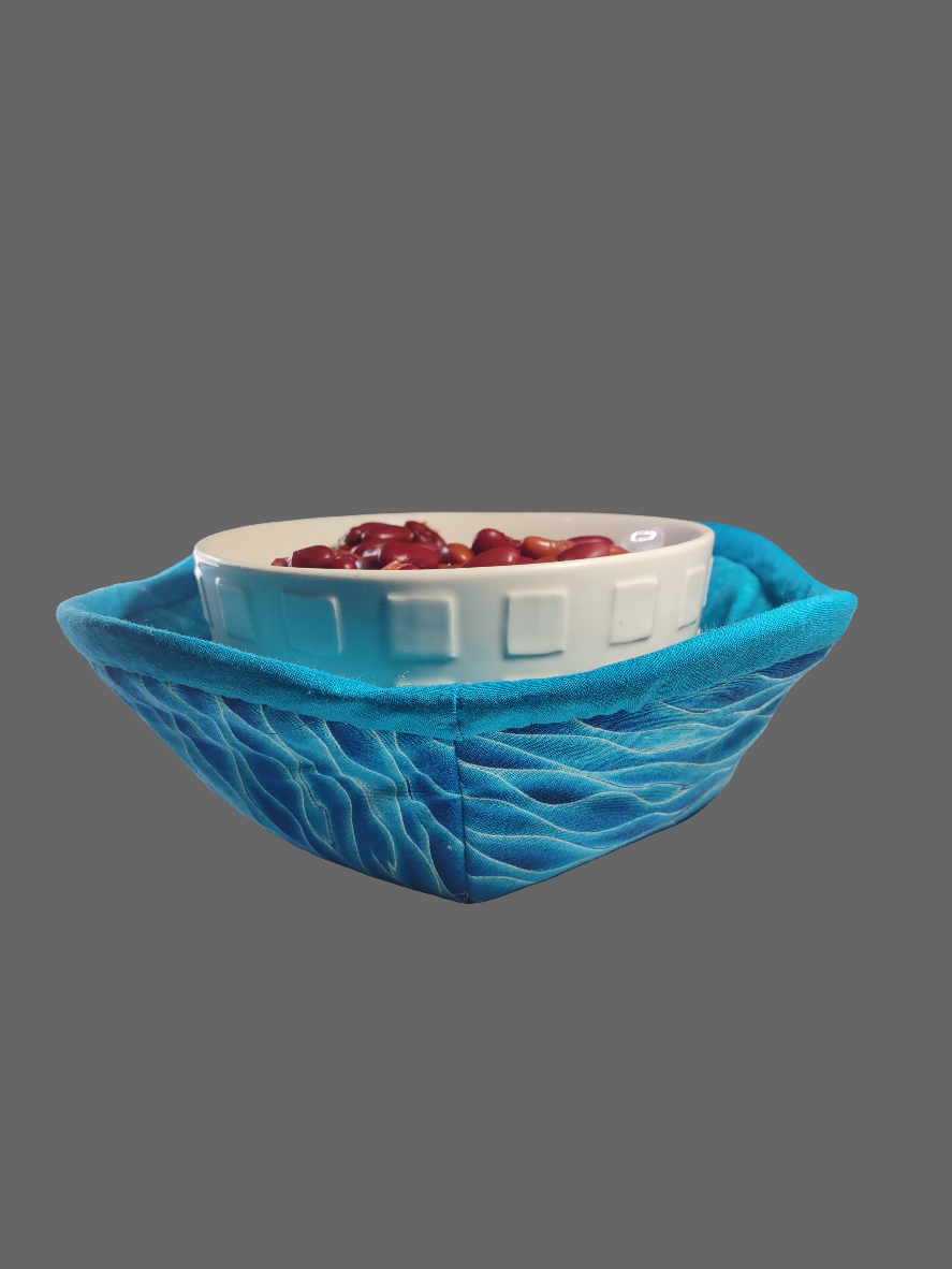 Aqua Blue Waves Bowl Cozy with blue lining (Medium)