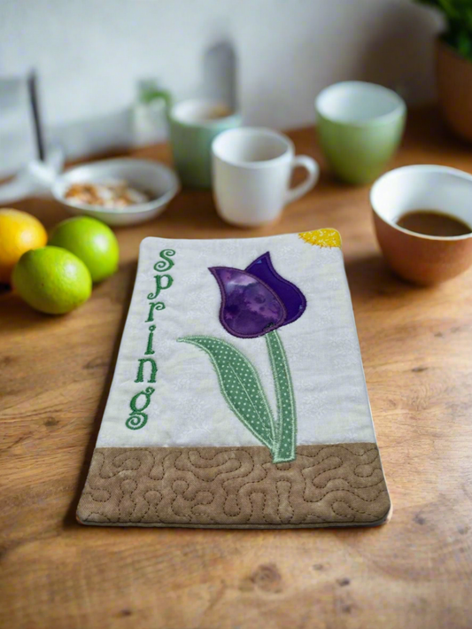 "Purple Tulip" Mug Rug with tan back (Set of 2)